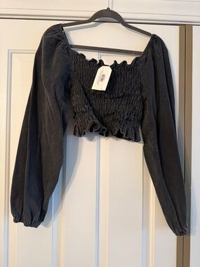 POL Black Smocked Off-Shoulder Long Sleeve Crop Top